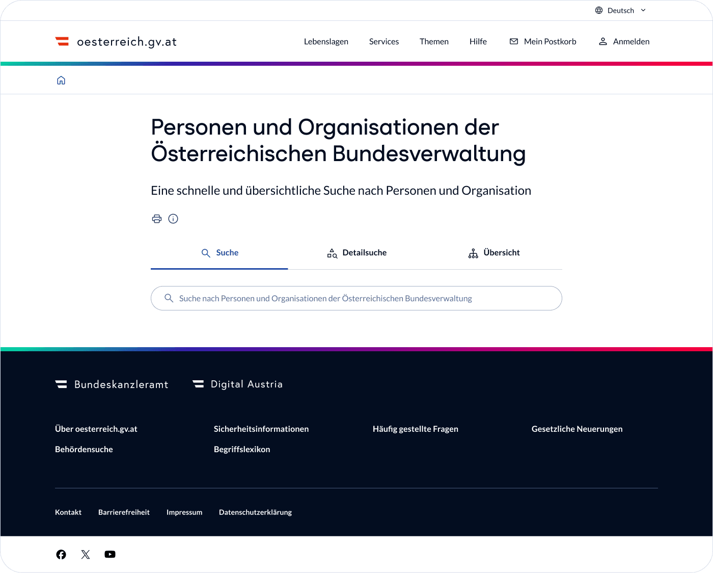 Startseite der Suche nach Personen und Organisationen mit drei Tabs: Suche, Detailsuche und Übersicht, sowie einem Suchfeld